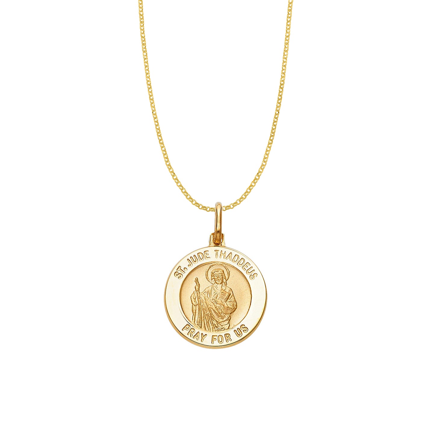 14k Yellow Gold Saint Jude Thaddeus Round Medallion with 1.6mm Rolo Chain
