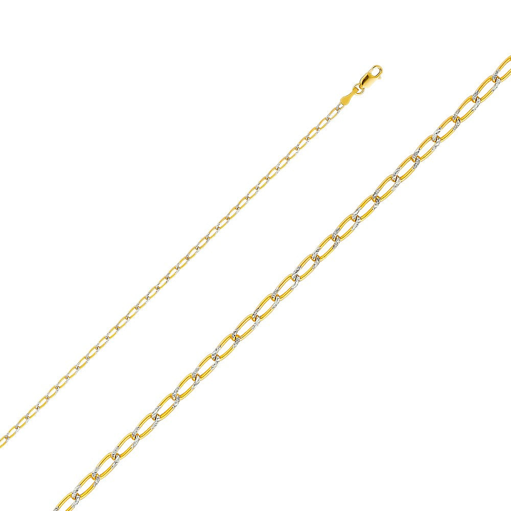 14k Yellow Gold 2.2mm White Pave 1/1 Figaro Unisex Chain Necklace