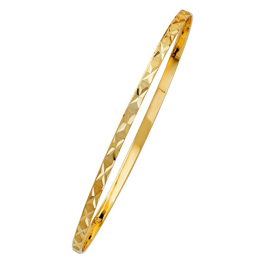 Genuine 14k Yellow Gold Women's Diamond-Cut 3mm Solid Bangle Bracelet - 7" or 8"