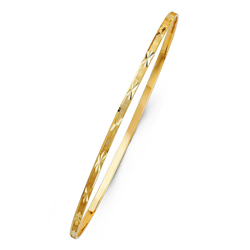 Genuine 14k Yellow Gold Women's Diamond-Cut 2mm Solid Bangle Bracelet - 7" or 8"