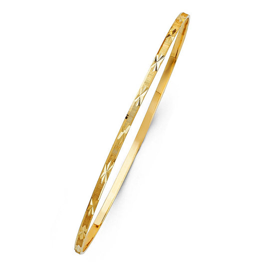 Genuine 14k Yellow Gold Women's Diamond-Cut 2mm Solid Bangle Bracelet - 7" or 8"