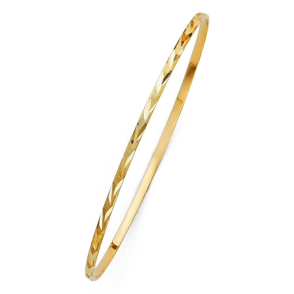 Genuine 14k Yellow Gold Women's Diamond-Cut 2mm Solid Bangle Bracelet - 7" or 8"