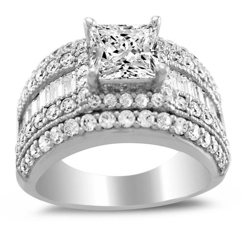 Genuine 14k White Gold 2 1/2ct Princess Diamonette Fine Cubic Zirconia CZ Extra Wide Engagement Ring Sizes 5 through 9