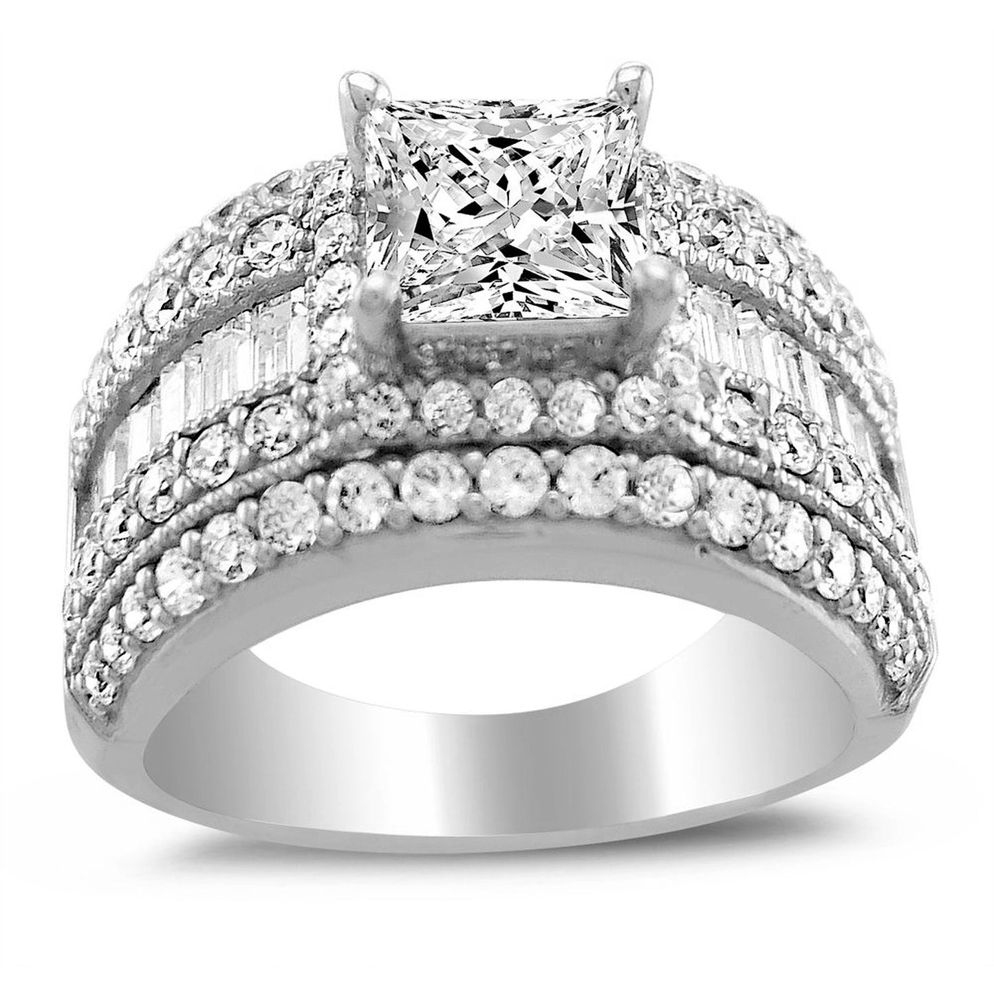 Genuine 14k White Gold 2 1/2ct Princess Diamonette Fine Cubic Zirconia CZ Extra Wide Engagement Ring Sizes 5 through 9