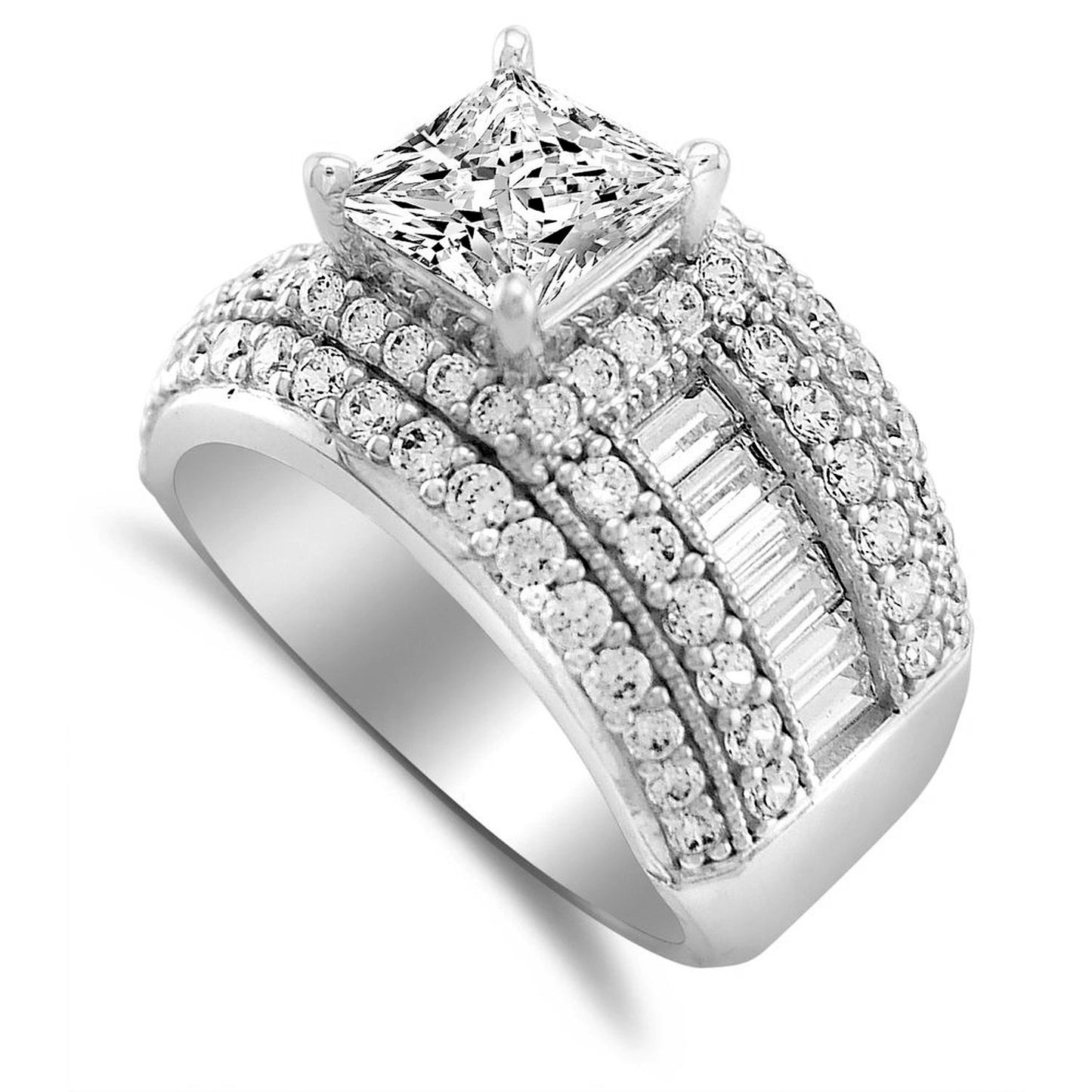 Genuine 14k White Gold 2 1/2ct Princess Diamonette Fine Cubic Zirconia CZ Extra Wide Engagement Ring Sizes 5 through 9