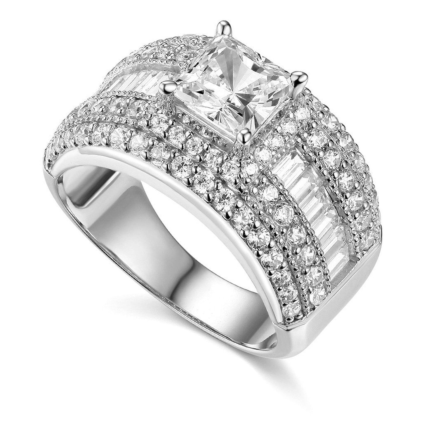 Genuine 14k White Gold 2 1/2ct Princess Diamonette Fine Cubic Zirconia CZ Extra Wide Engagement Ring Sizes 5 through 9