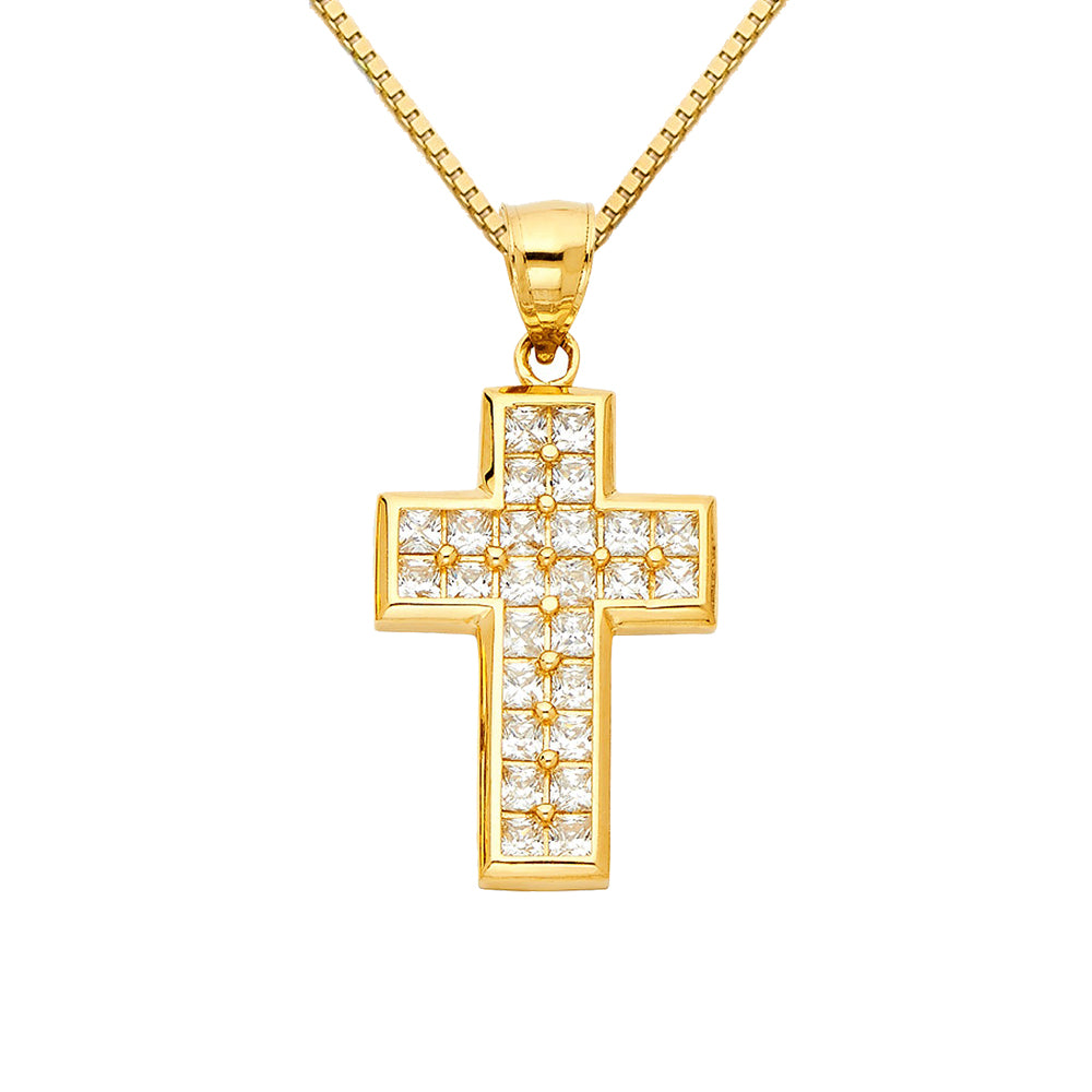 14k Yellow Gold Cubic Zirconia Multi-row Cross Pendant with 0.80mm Box Chain