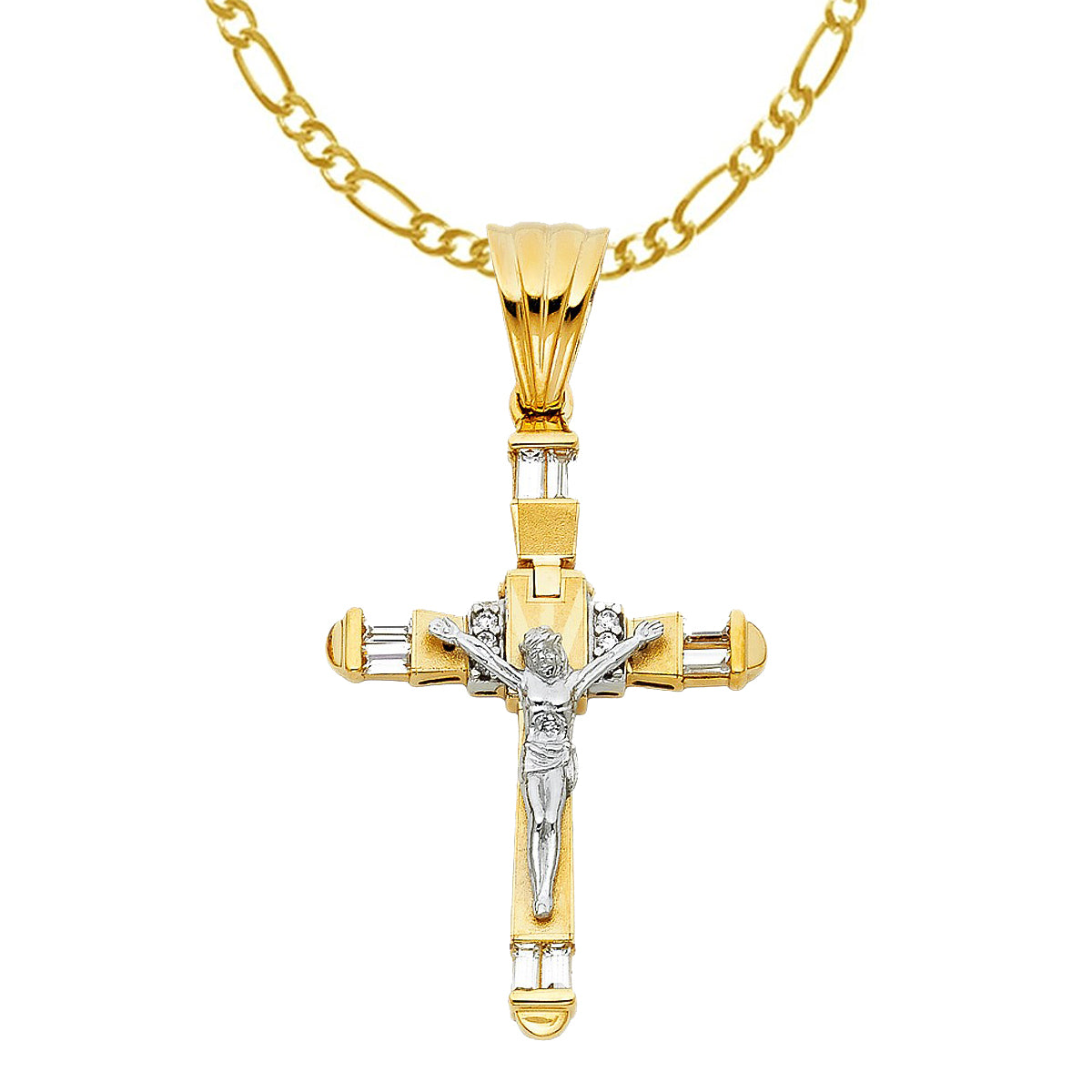 14k Two-tone Gold Cubic Zirconia Fancy Crucifix Pendant with 2.2mm Figaro Chain
