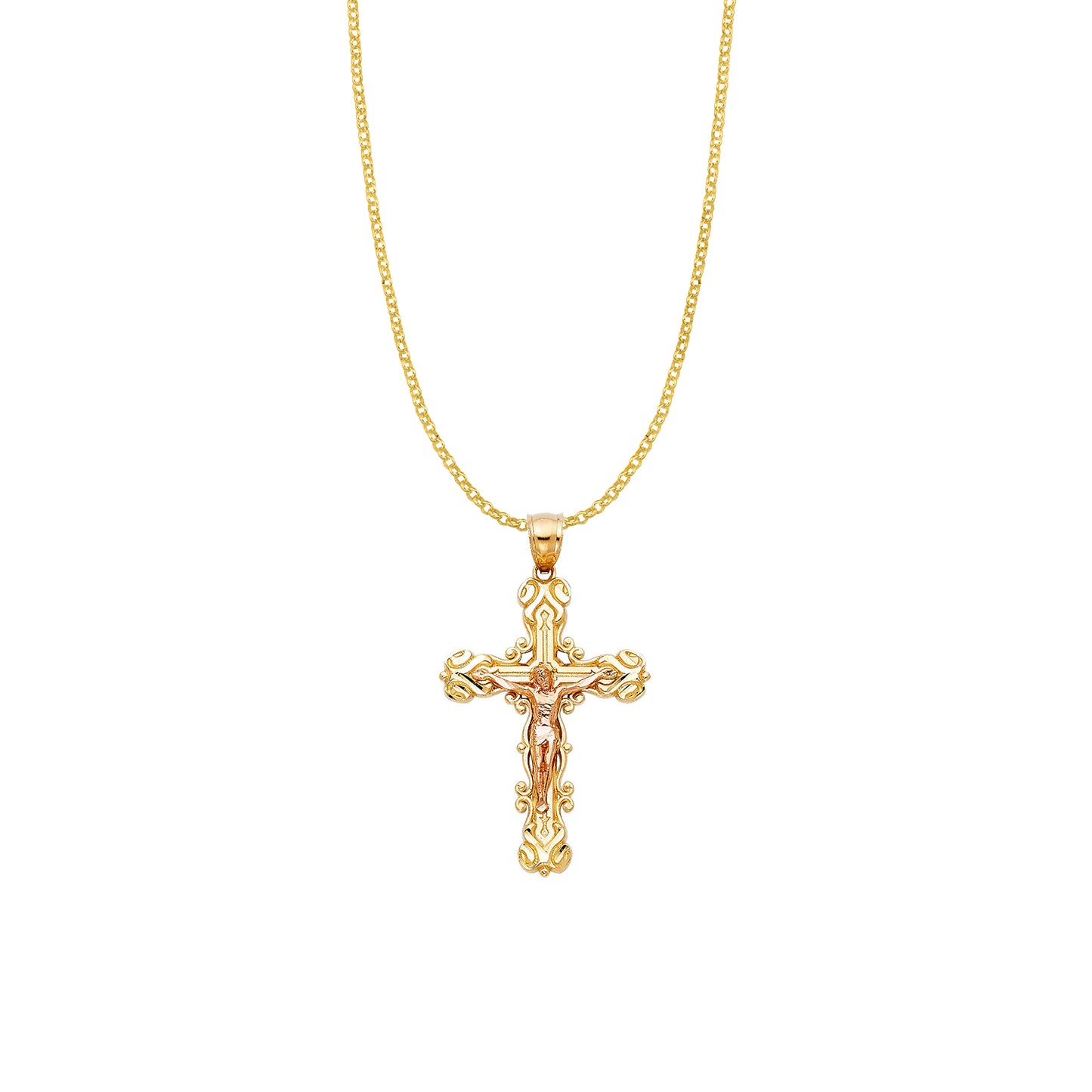 14k Two-tone Gold Fancy Crucifix Cross Pendant with 1.6mm Rolo Chain