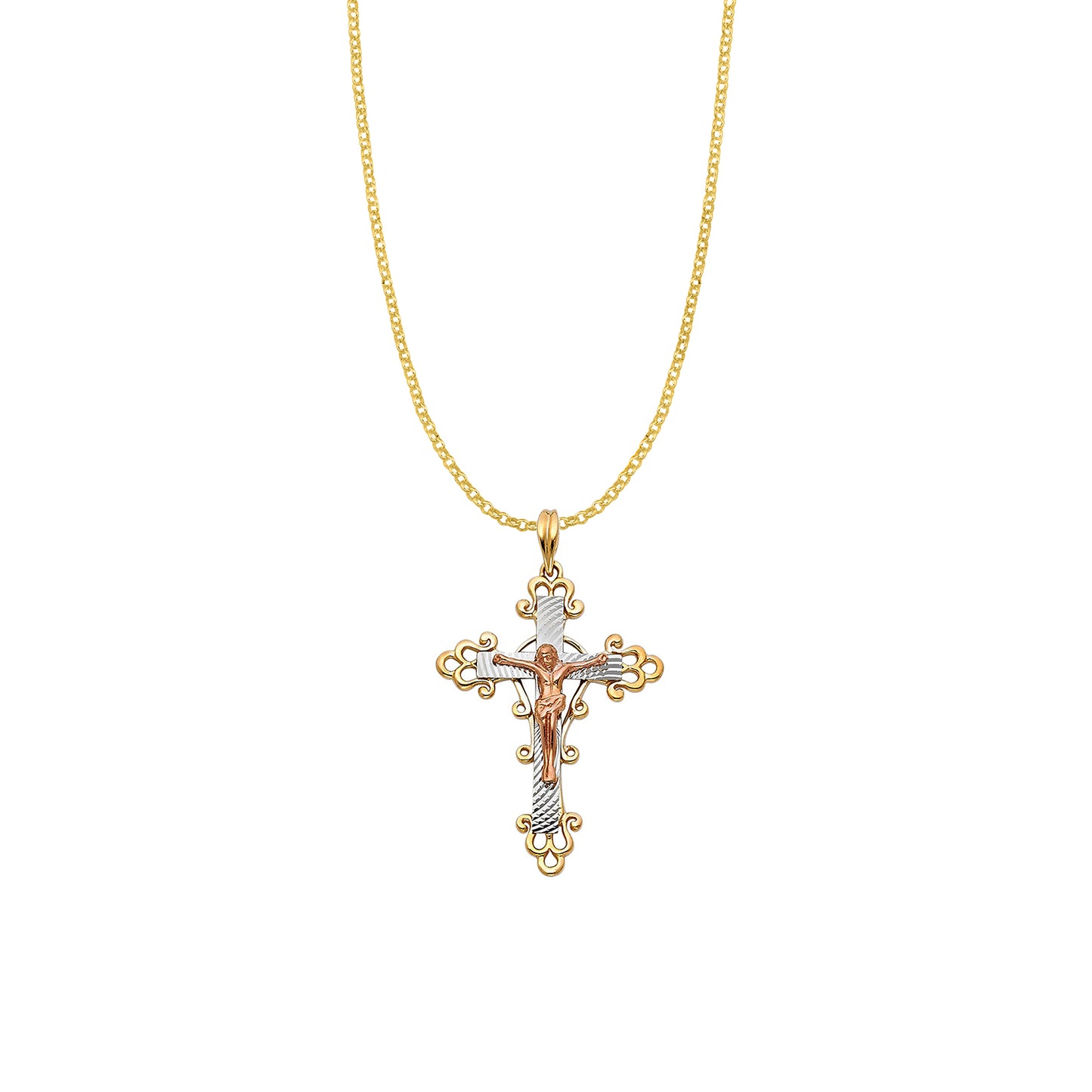14k Tri-tone Gold Decorative Crucifix Cross Pendant with 1.6mm Rolo Chain