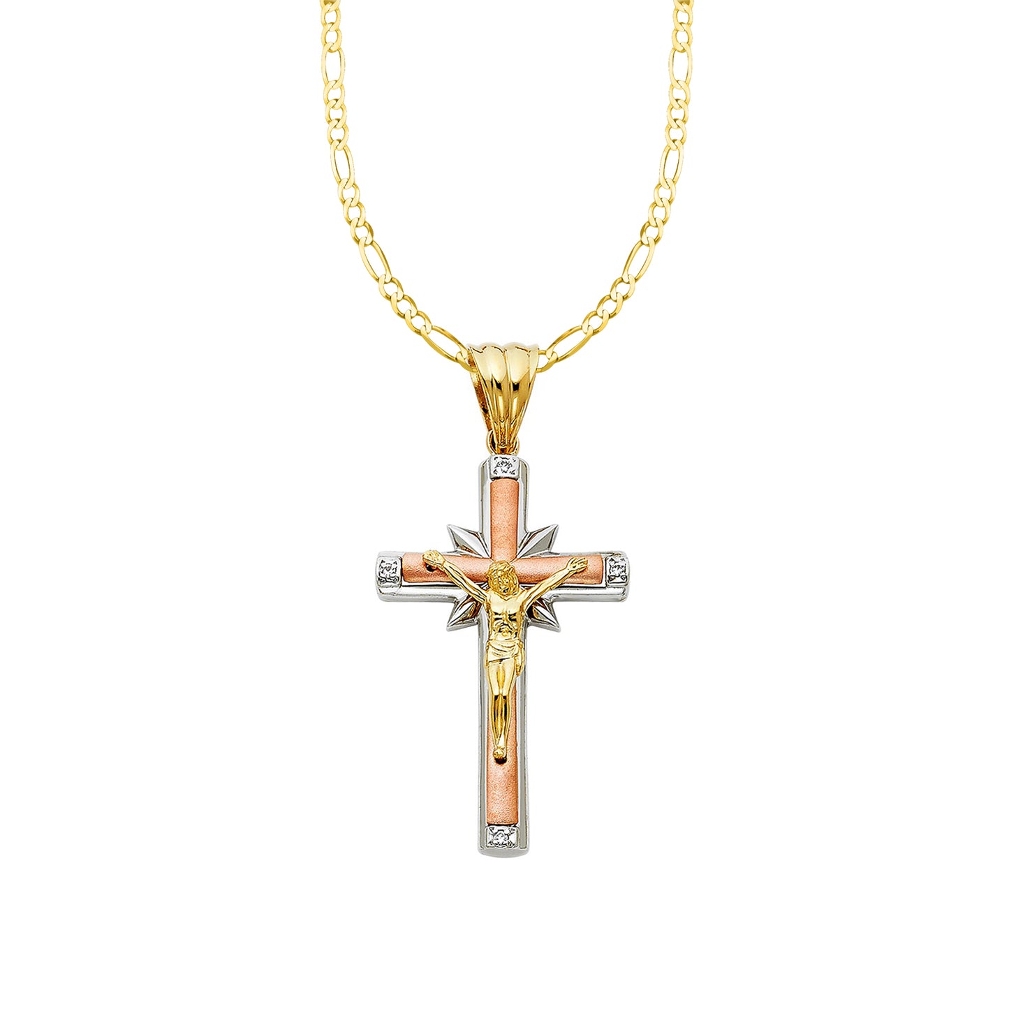 14k Tri-tone Gold Cubic Zirconia Crucifix Cross Pendant with 2.3mm Figaro Chain