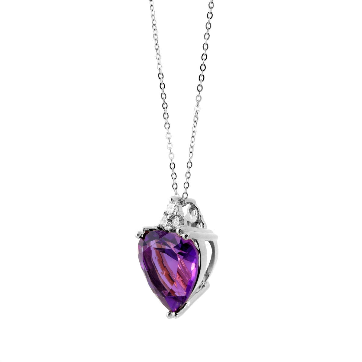 14K White Gold 2.51ct AAA Natural Amethyst and Diamond Heart Necklace