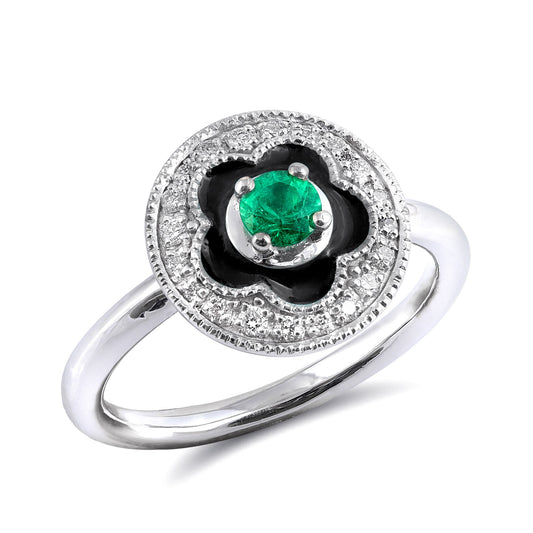 14K White Gold 0.35ct TGW Green Emerald and Diamond Enamel Halo Ring
