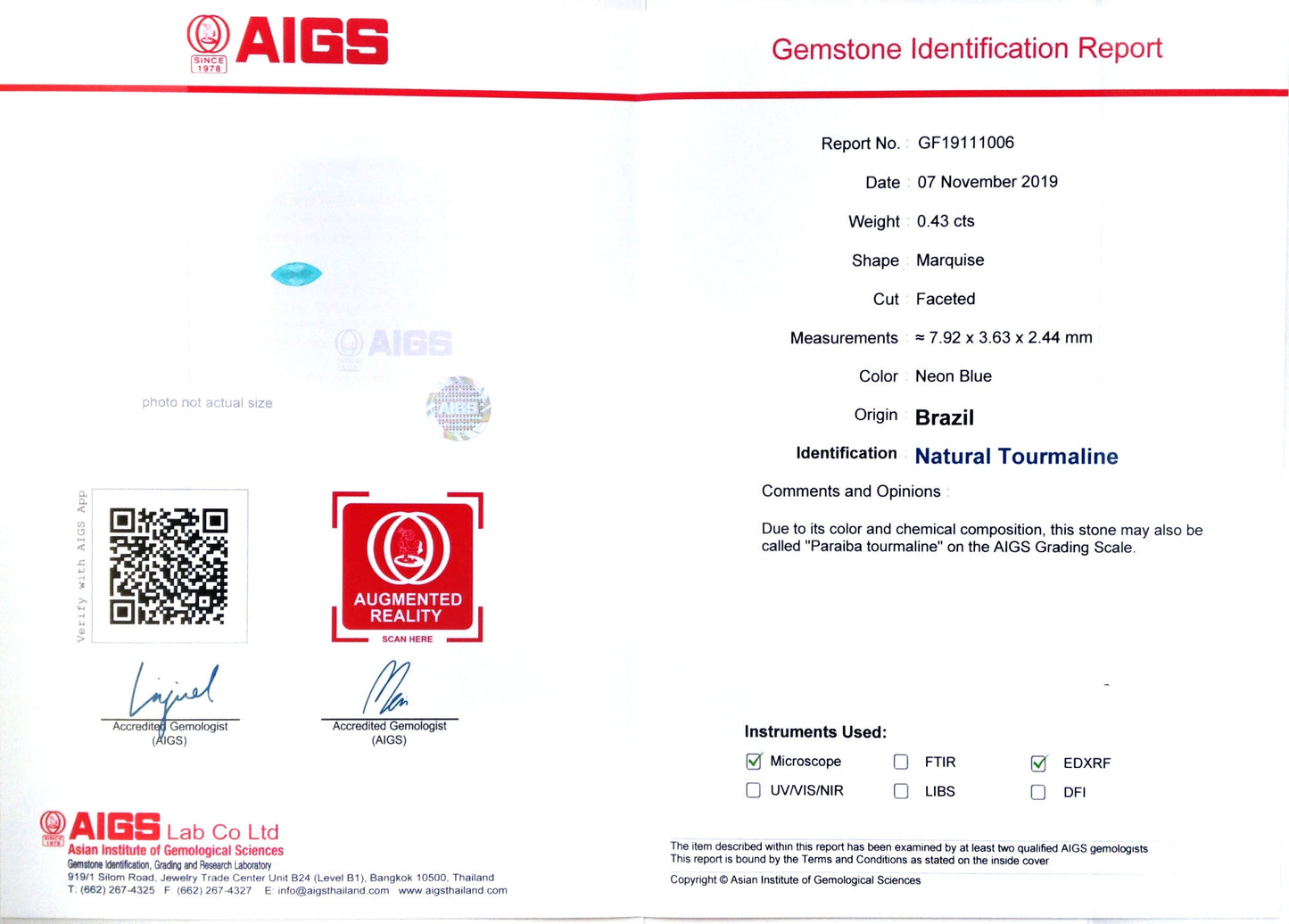 Natural Marquise-shape 0.43 carat Neon Blue Paraiba Tourmaline - AIGS Certified
