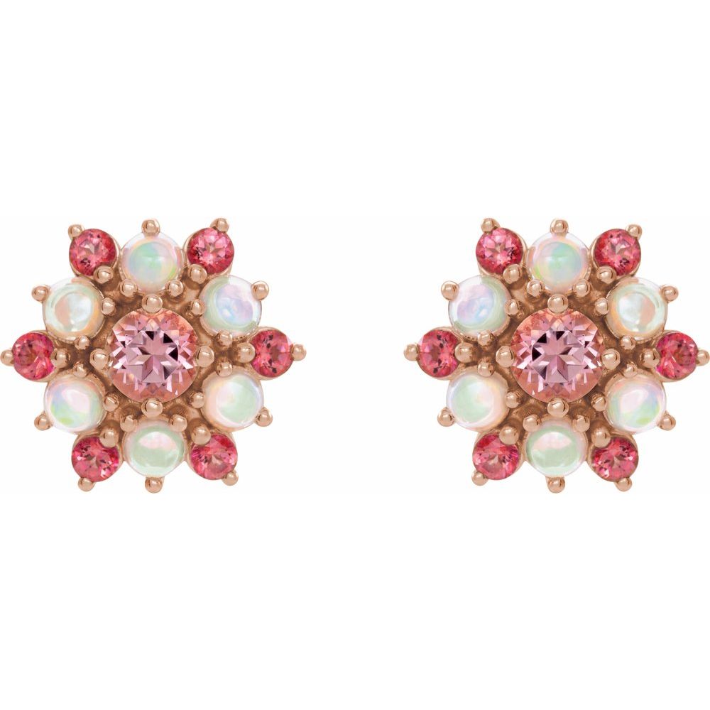 14k Rose Gold Natural Pink Tourmaline & Natural Ethiopian Opal Cabochon Earrings