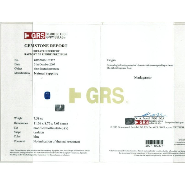 Natural Extremely Rare Unheated Blue Sapphire Cushion-shape 7.58 carats with GRS Report