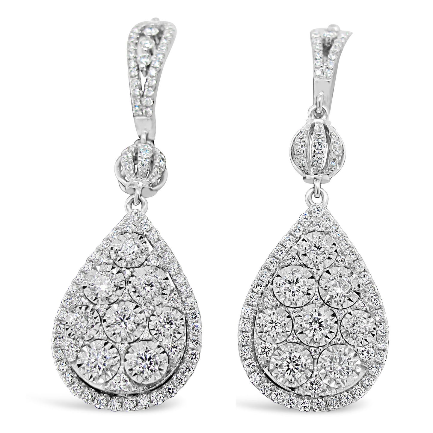 18k White Gold 1.67ct White Diamond Dangling Pear Cluster Earrings