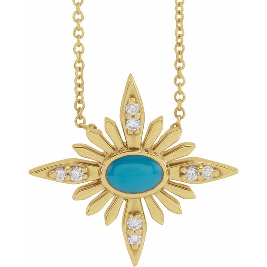14k Yellow Gold Natural Turquoise & .08 CTW Natural Diamond Celestial 16-18" Necklace