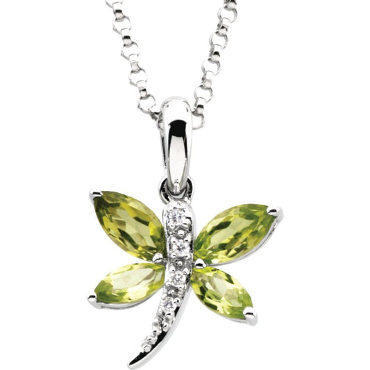 14k White Gold Natural Peridot & .02 CT Natural Diamond Dragonfly 18" Necklace