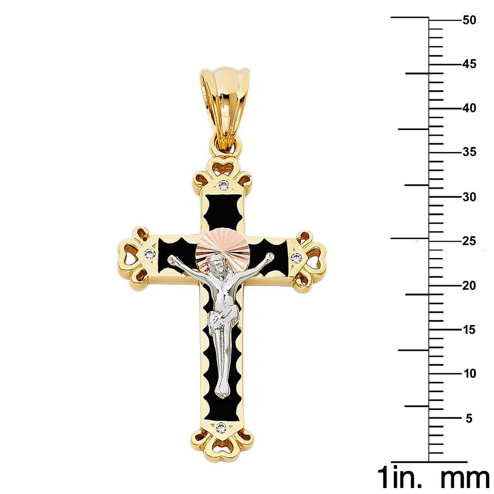 14k Tri-Tone Gold Cubic Zirconia Fancy Crucifix Cross Pendant