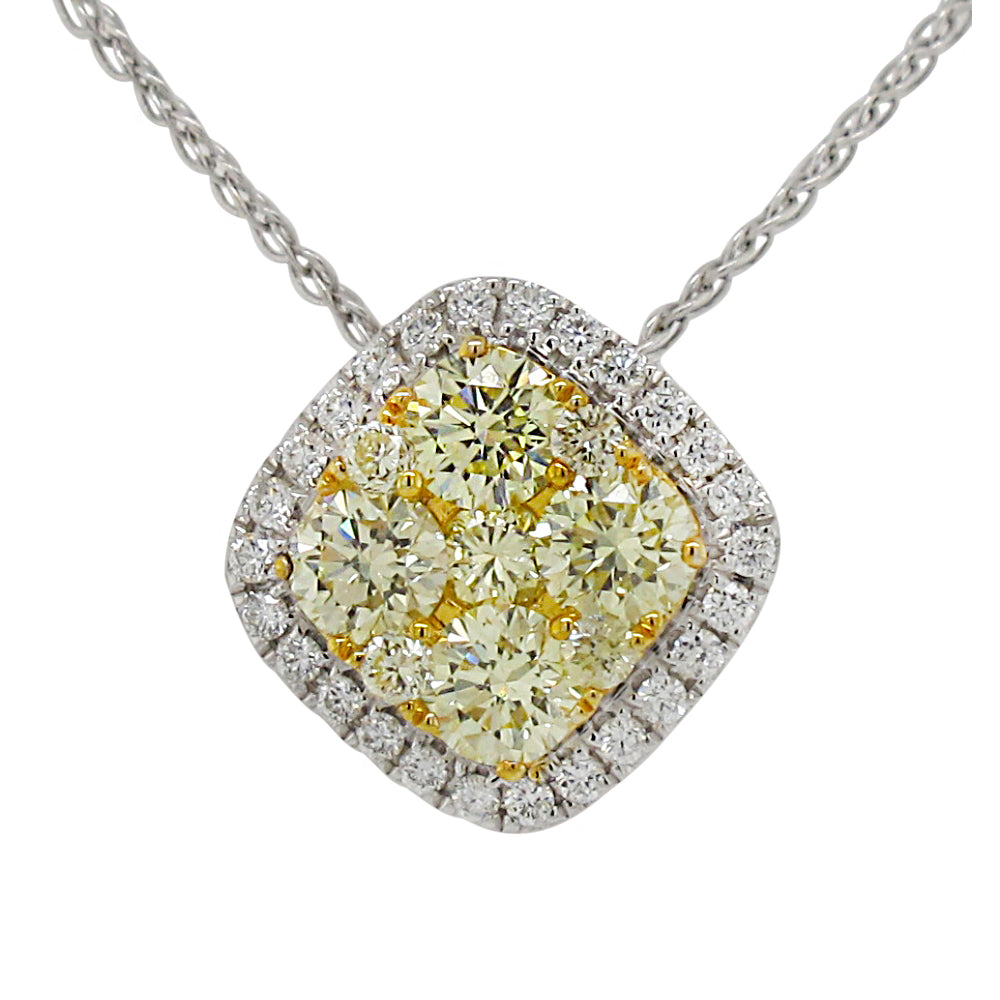 18k Two-tone Gold 7/8ct TDW Fancy Yellow and White Diamond Square Cluster Pendant Neckalce