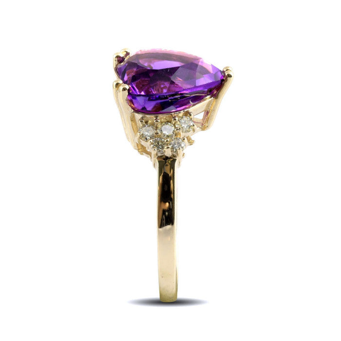 14K Yellow Gold 3.93ct TGW Amethyst and Diamonds Heart-Cut One of a Kind Ring