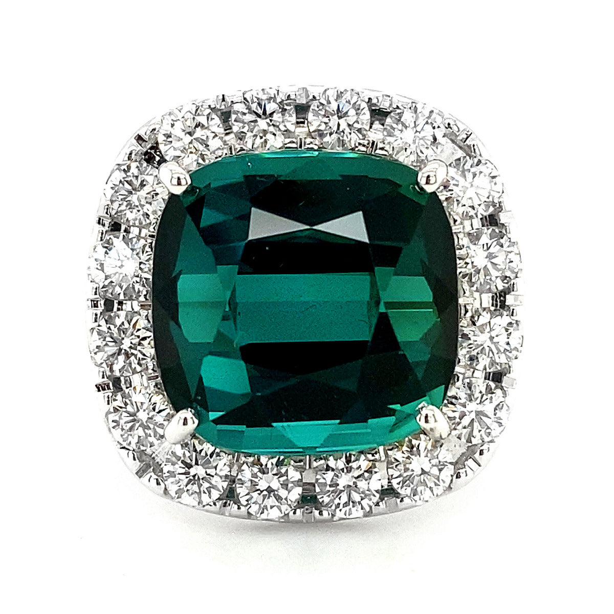 18K White Gold 18.02ct TGW Green Blue Indicolite and Diamond Ring