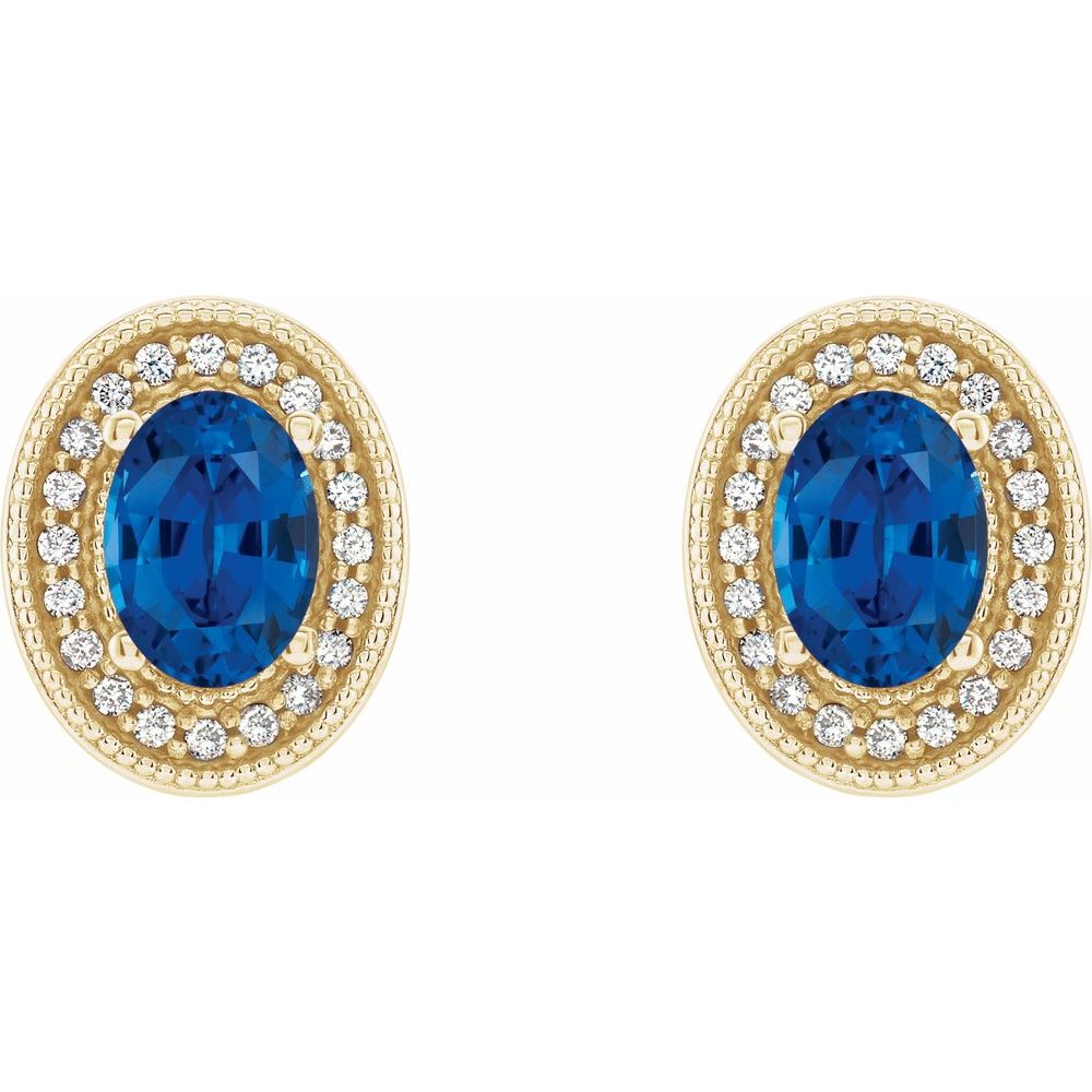 14k Yellow Gold 7x5 mm Natural Blue Sapphire & 1/5 CTW Natural Diamond Halo-Style Earrings