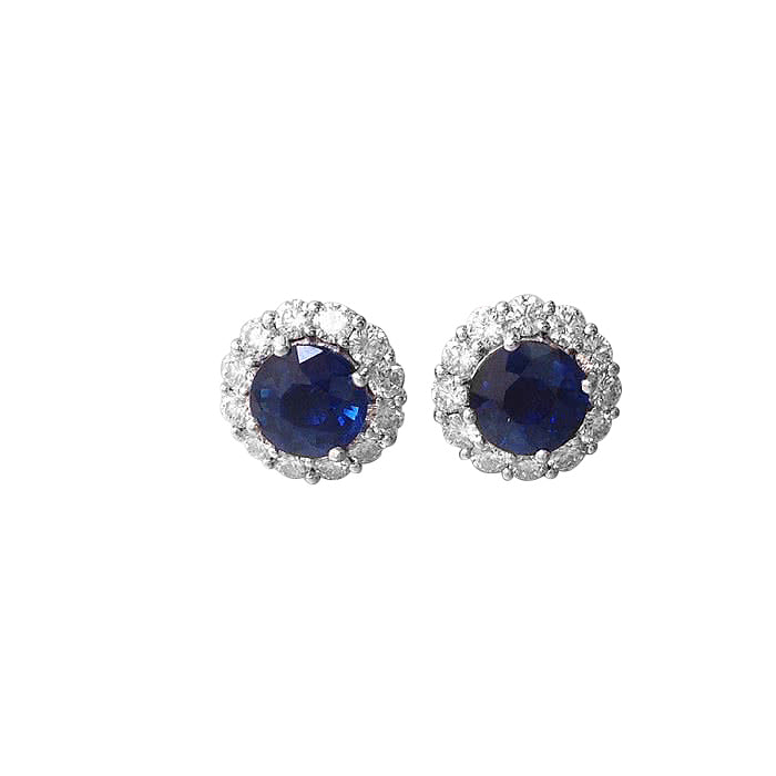 18K White Gold 3.7ct TGW Blue Sapphire and White Diamond Halo Stud Earrings