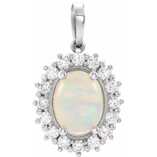 14k White Gold Natural White Ethiopian Opal & 1/3 CTW Natural Diamond Halo-Style Pendant