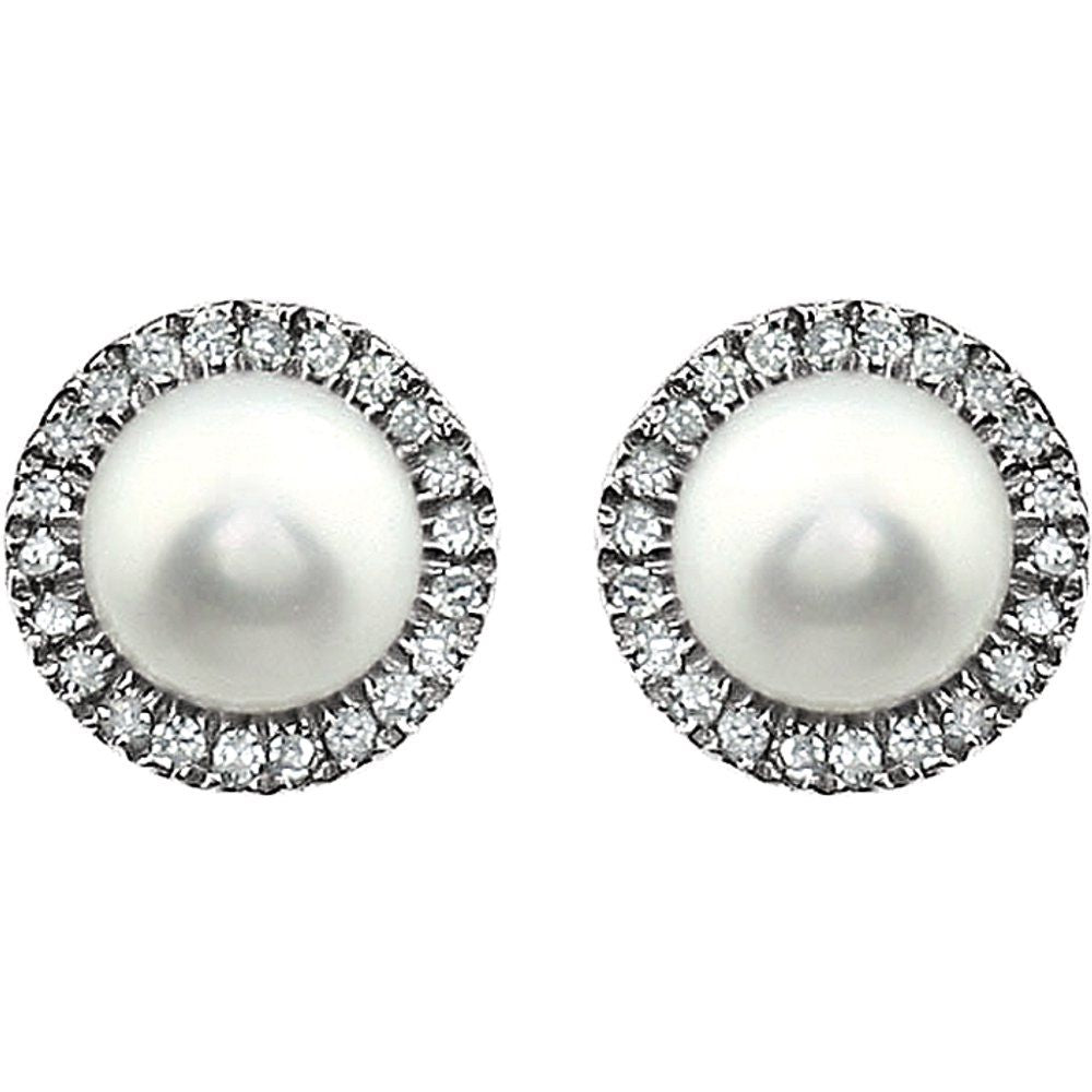 14k White Gold Cultured White Freshwater Pearl & 1/8 CTW Natural Diamond Earrings
