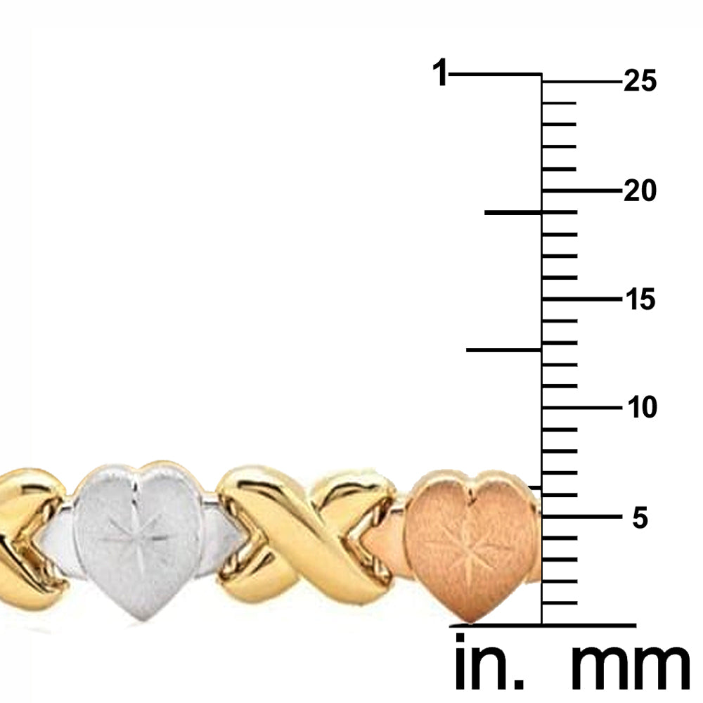 14k Tri-Tone Gold Stampato Heart-Shape XO 7.5-inch Bracelet