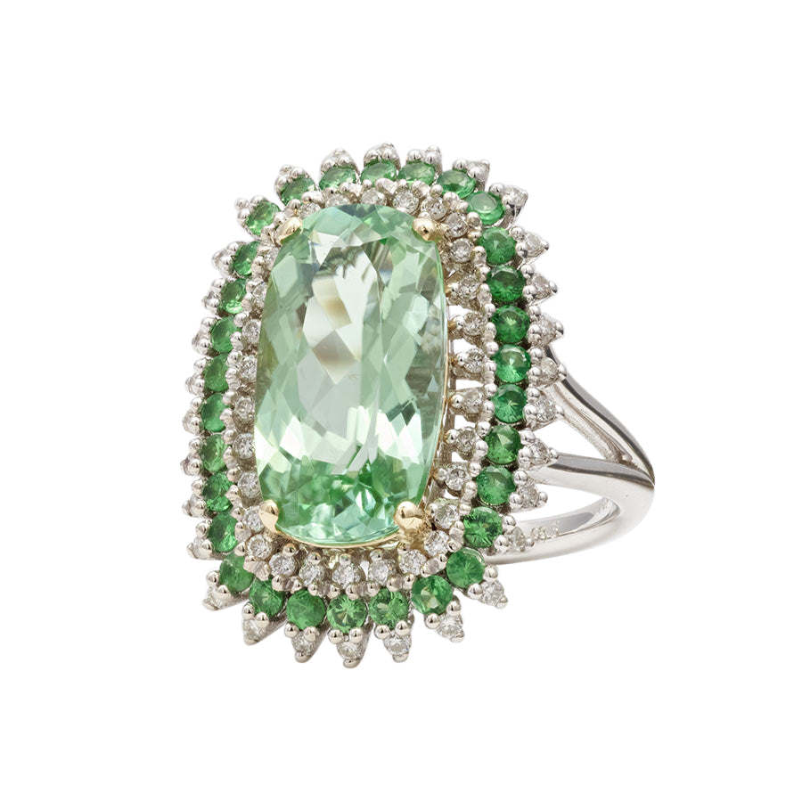 14k Two-Tone Gold 7.9ct TGW Green Namibian Tourmaline with Green Tsavorite and White Diamond Ring