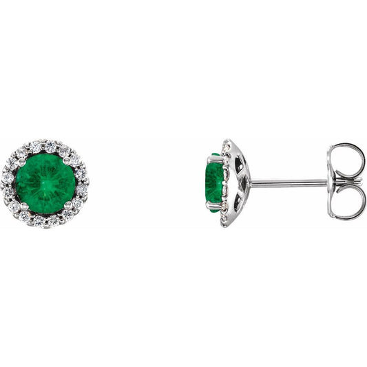 14k White Gold 6 mm Lab-Grown Emerald & 1/8 CTW Natural Diamond Earrings