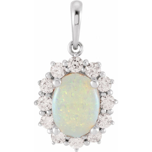 14k White Gold Natural White Opal & 1/3 CTW Natural Diamond Halo-Style Pendant