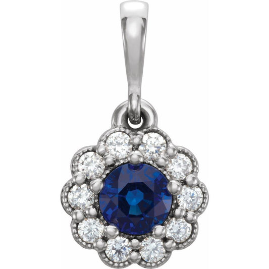 14k White Gold Natural Blue Sapphire & 1/8 CTW Natural Diamond Pendant