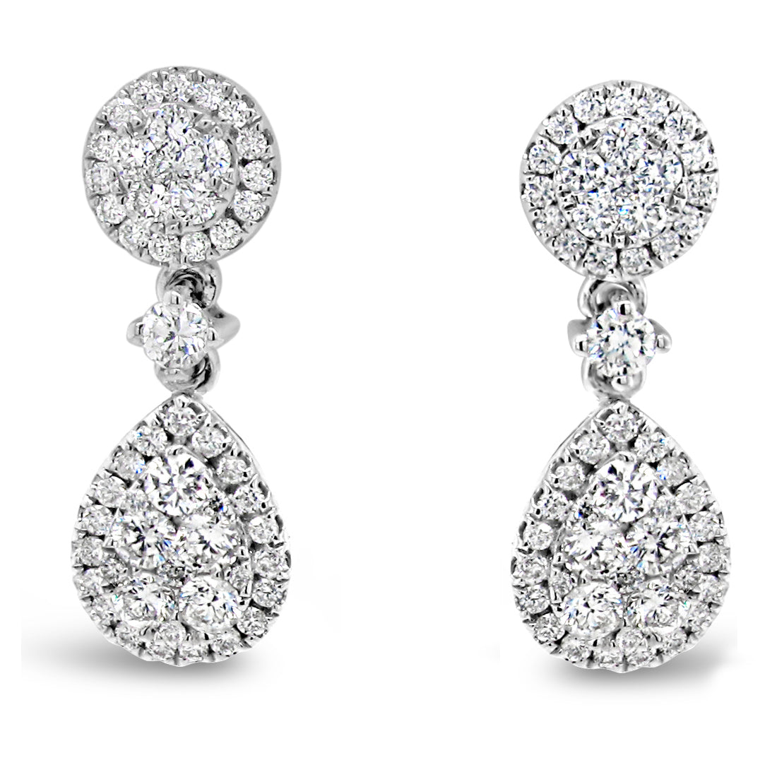 18k White Gold 3/4ct TDW White Diamond Round and Pear Diamond Dangling Earrings