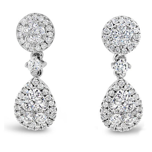 18k White Gold 3/4ct TDW White Diamond Round and Pear Diamond Dangling Earrings
