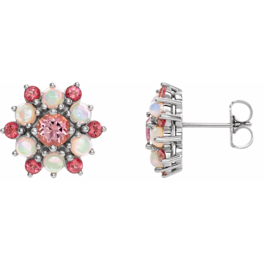 14k White Gold Natural Pink Tourmaline & Natural Ethiopian Opal Cabochon Earrings