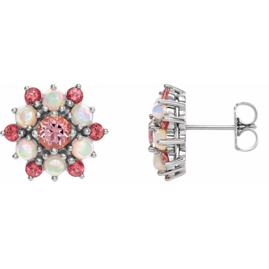 14k White Gold Natural Pink Tourmaline & Natural Ethiopian Opal Cabochon Earrings
