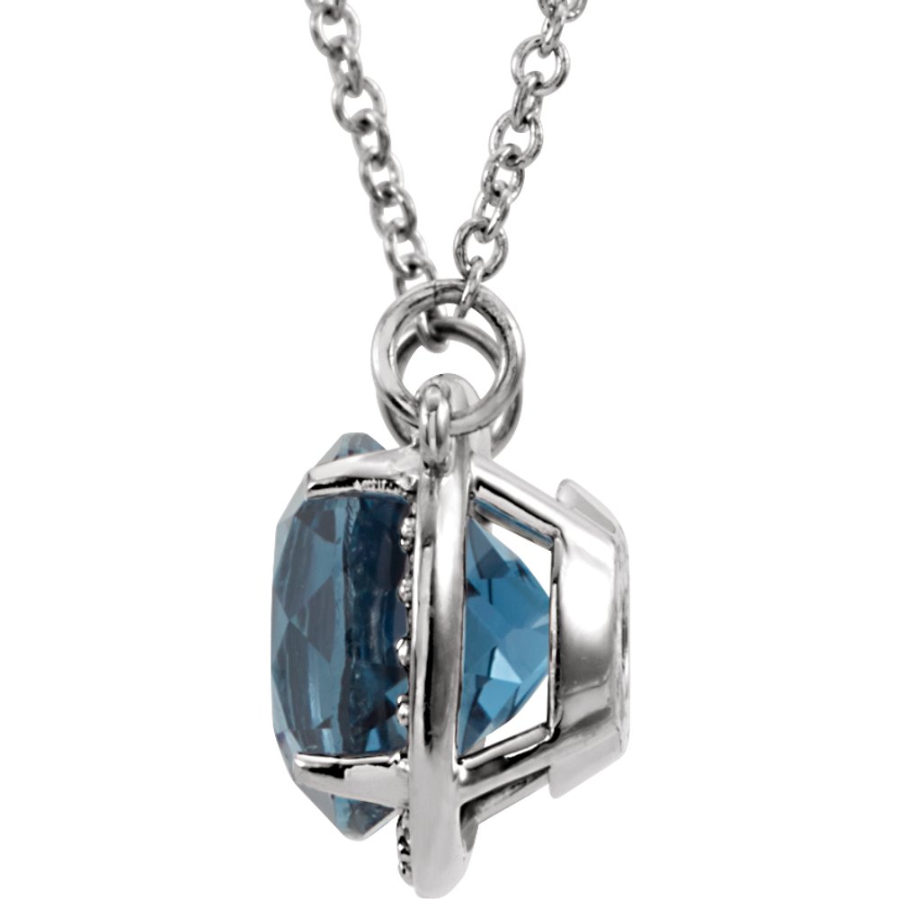 14k White Gold 8 mm Natural London Blue Topaz & .05 CTW Natural Diamond 16" Necklace