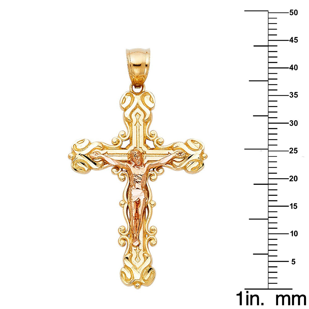 14k Two-tone Gold Fancy Crucifix Cross Pendant with 1.6mm Rolo Chain