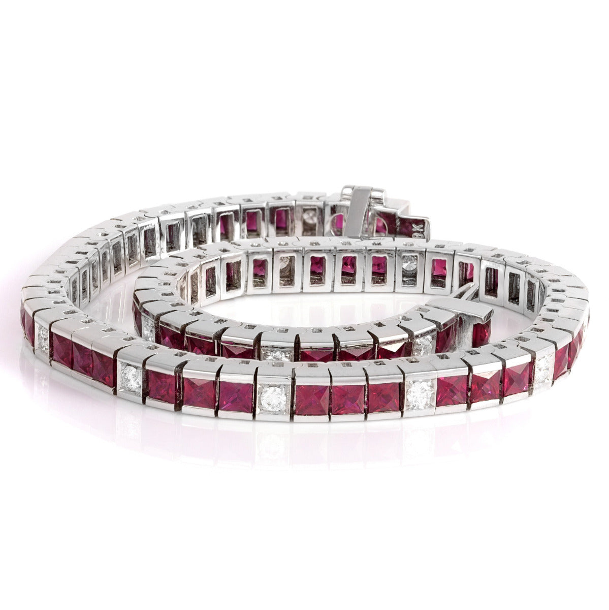 18k White Gold 6.2ct TGW Square-cut Red Ruby and Diamond One-of-a-Kind Bracelet