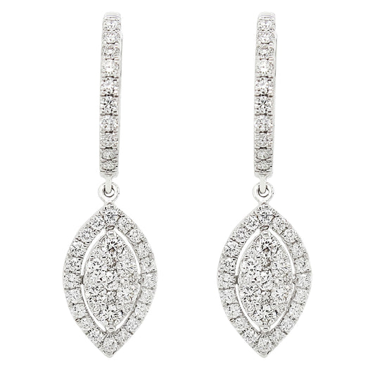 18k White Gold 1ct TDW White Diamond Dangling Tear Drop Hoop Earrings