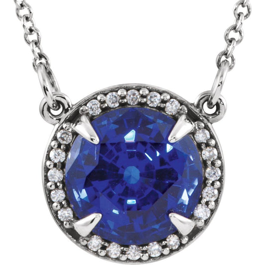 14k White Gold 6 mm Lab-Grown Blue Sapphire & .04 CTW Natural Diamond 16" Necklace