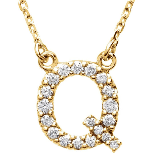 Unisex 14K Yellow Gold 1/6 CTW White Diamond Natural Diamond Initial Q Pendant Necklace