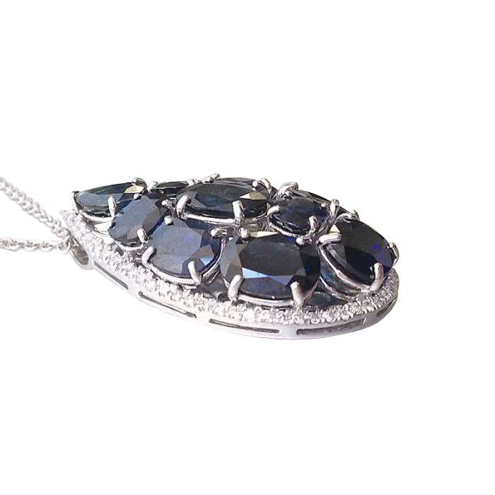 14 and 18K White Gold 17.52ct TGW Blue Sapphire and White Diamond Pendant Necklace