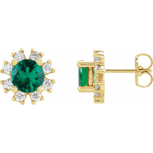 14k Yellow Gold Natural Emerald & .06 CTW Natural Diamond Earrings