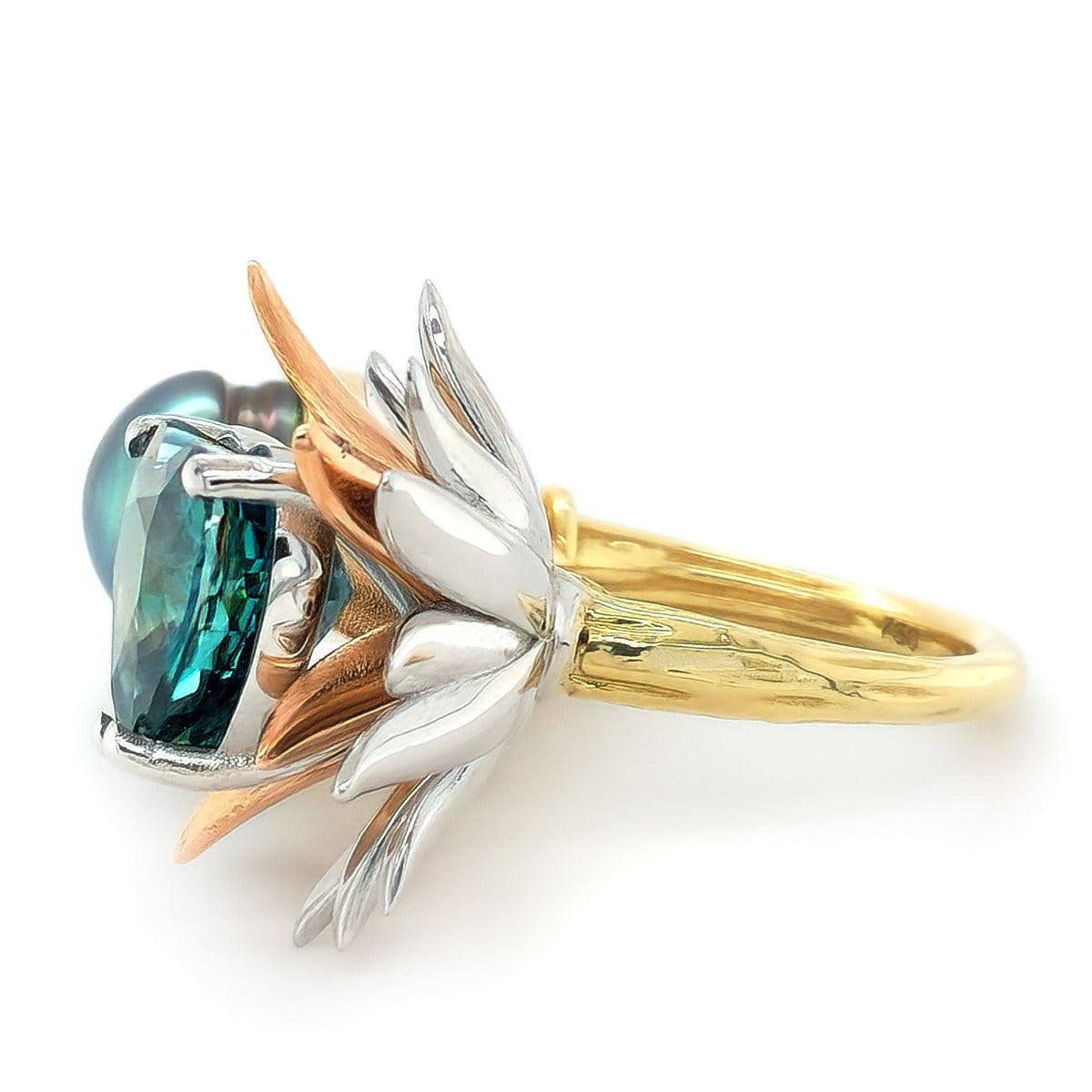 18K 3-Tone Gold 13.5ct TGW Blue Zircon and Tahitian Pearl One-of-a-Kind Ring