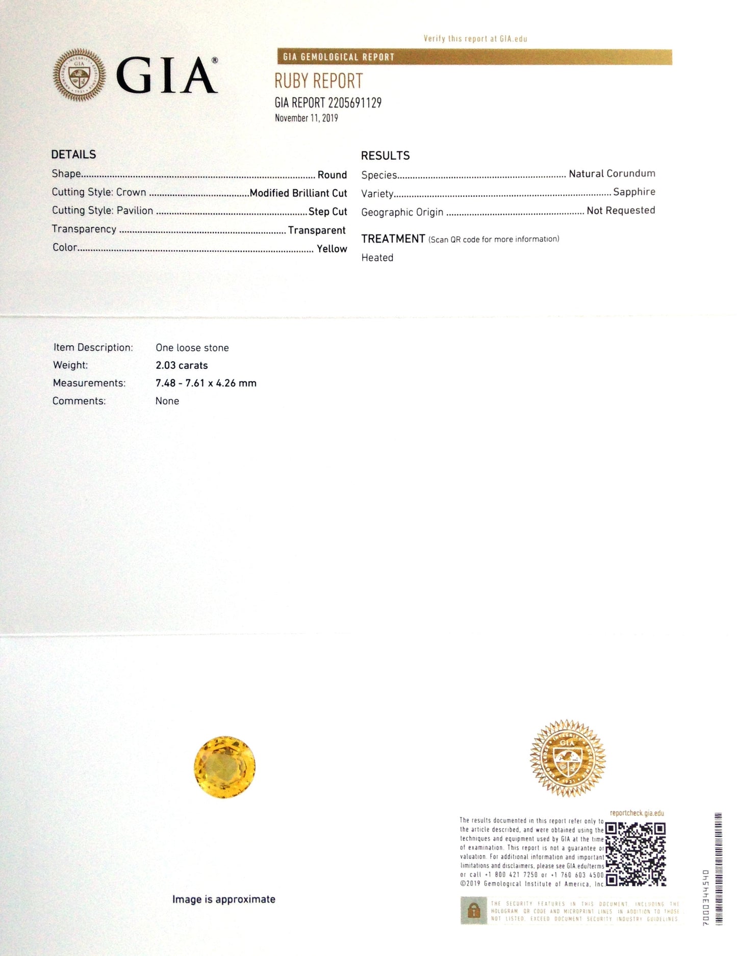 Natural Round-shape 2.03 carat Yellow Sapphire - GIA Certified